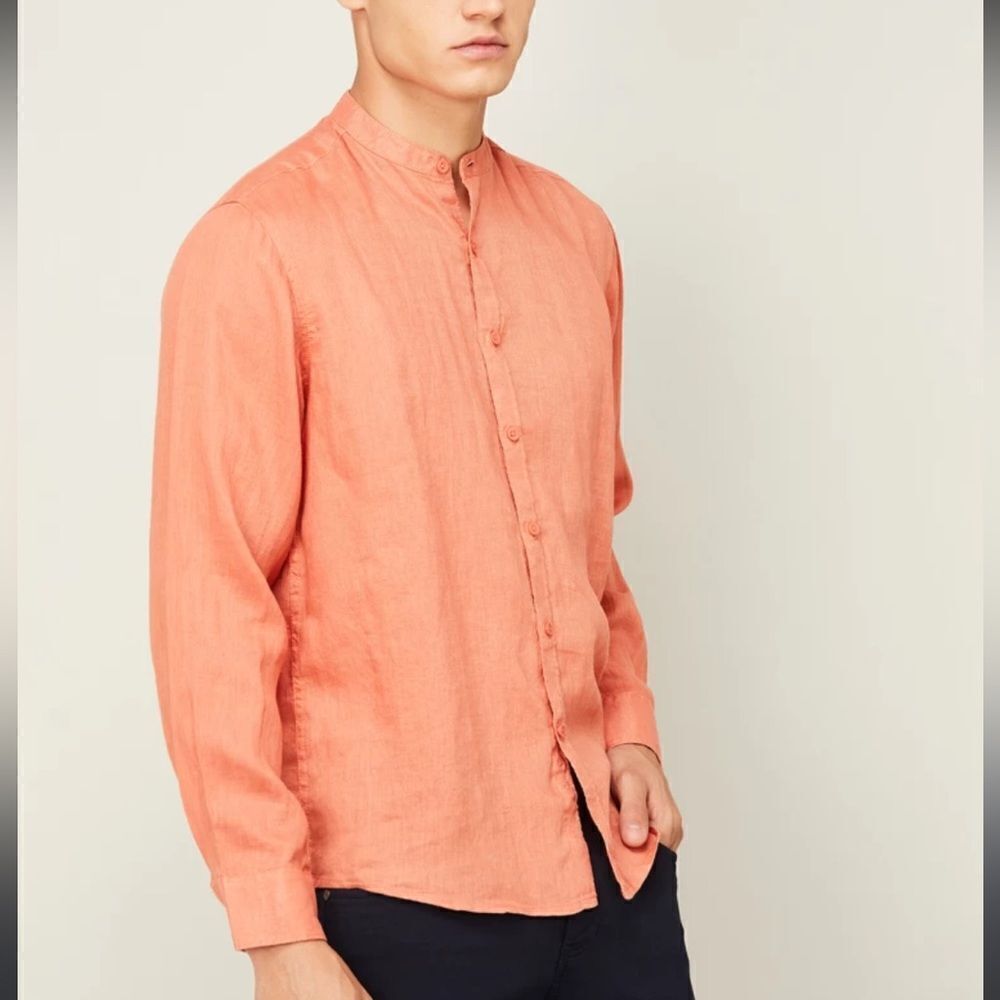 Sartorial Long Sleeve Banded Collar Button Down Shirt In Orange Size XL